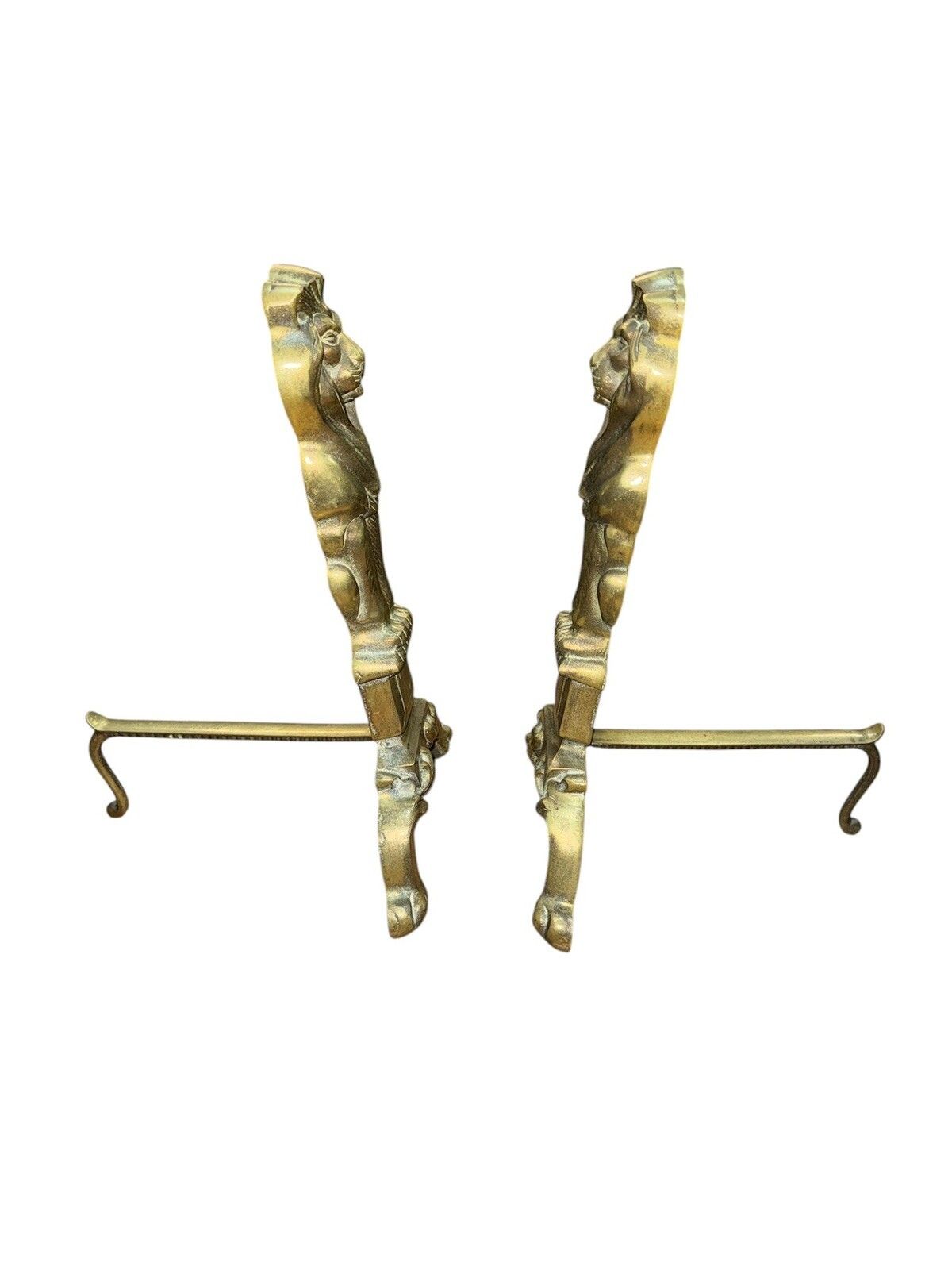 Pair Of Victorian English Brass Lion Andirons Fire Set Country House photo Home Fixtures