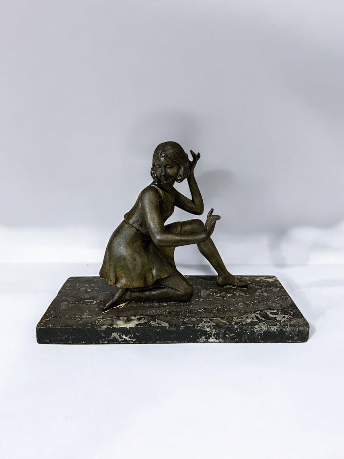 Art Deco Figure Of A Kneeling Girl On Marble Base  Signed Geo Maxim