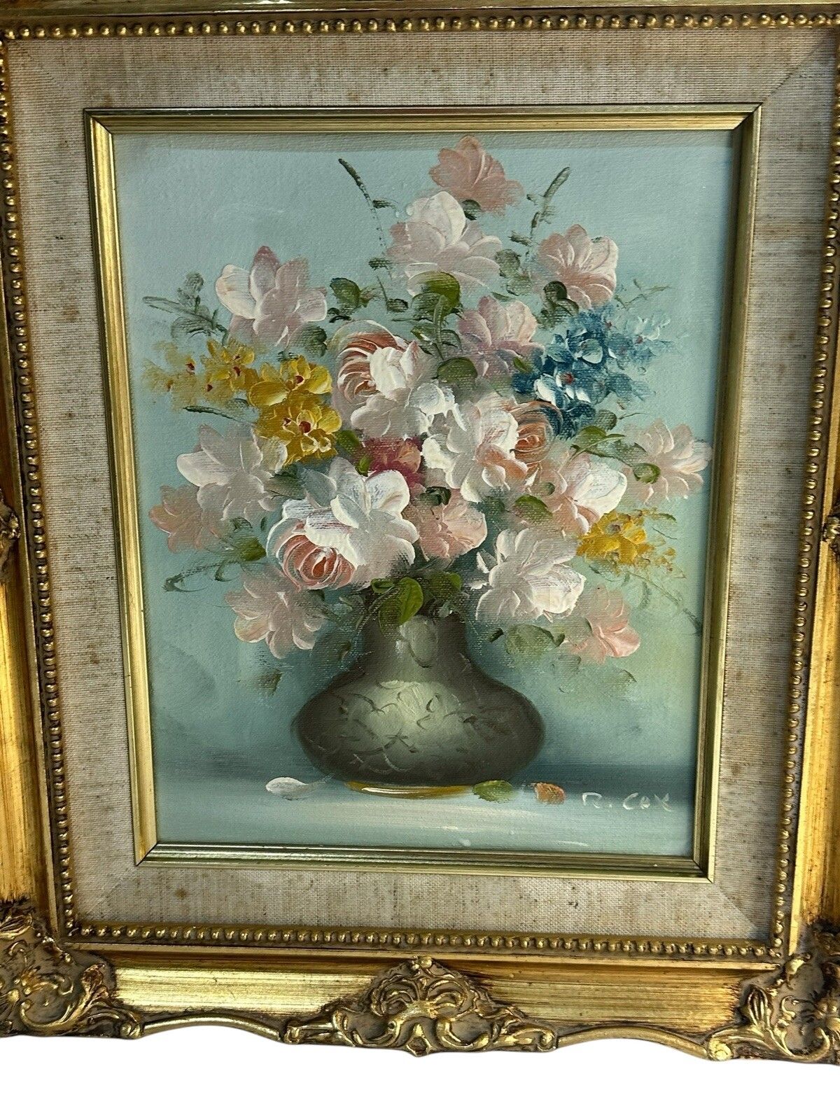 Robert Cox Flowers In Vase Signed Original Oil Painting Gold Wood Frame photo furniture