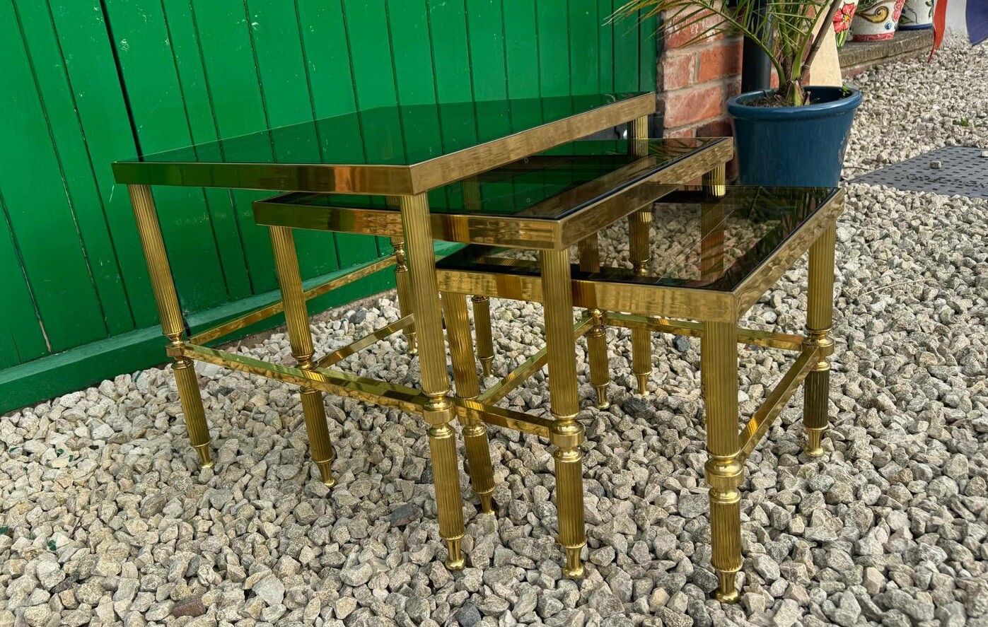Mid Century Brass & Glass Nest Of Tables On Castors Art Deco Style photo 295.0