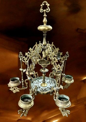 19th C Gothic Revival Baroque Six Arm Large Chandelier Heavy Brass