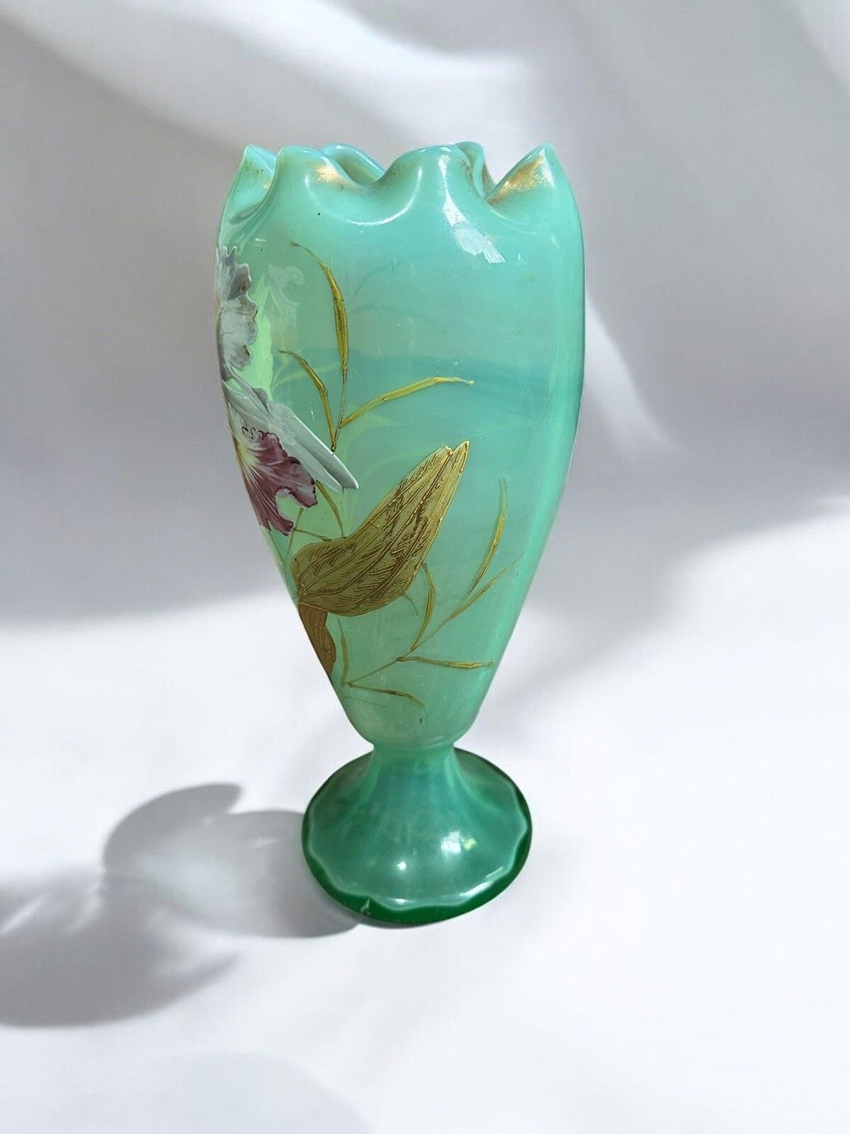 Large Art Nouveau Vase Mouth Blown Art Glass . 1880 1900 Floral Enamel Paint photo Home Decor