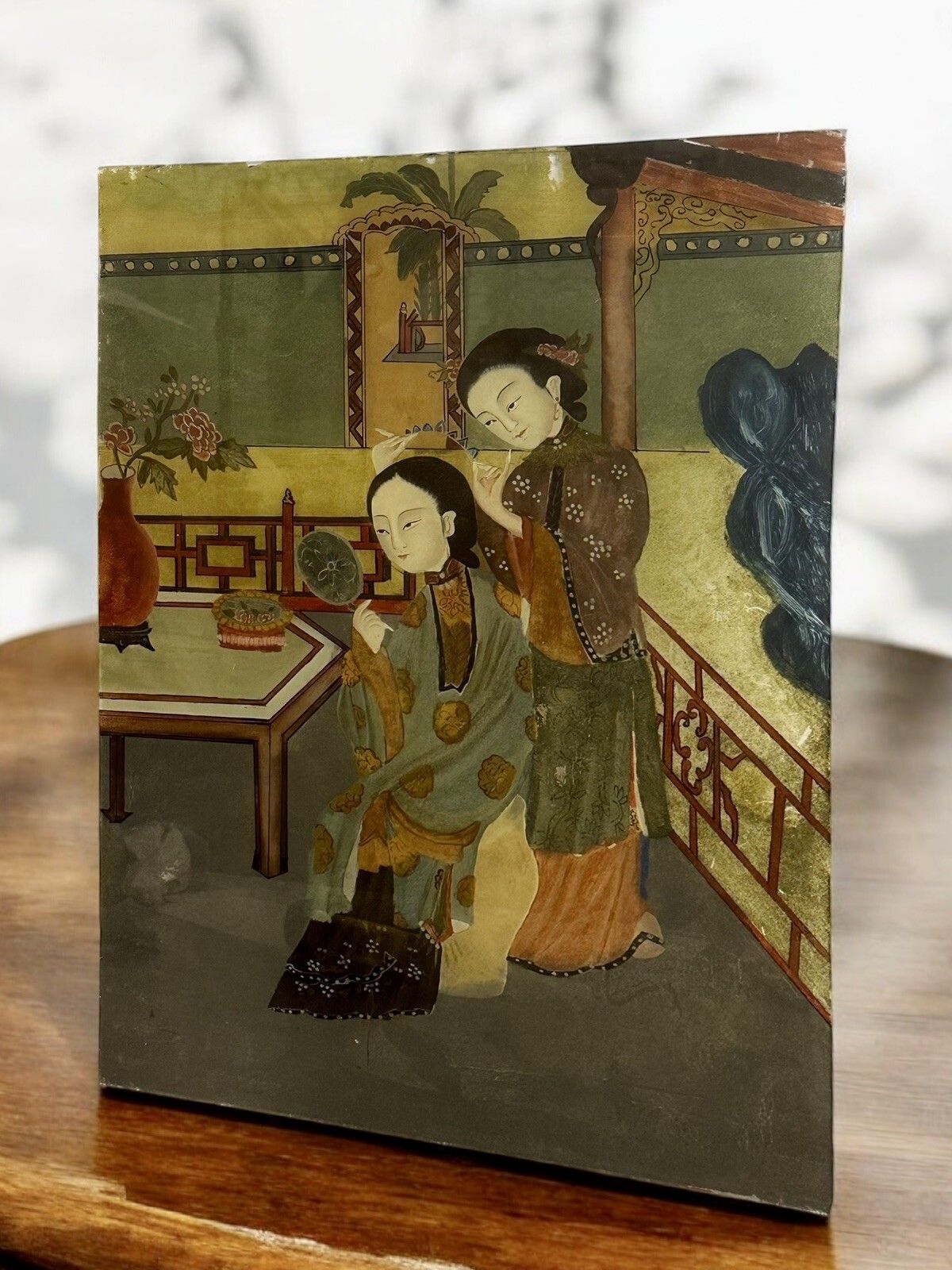 19th C Oriental Japanese Reverse Painting On Glass 51cm By 36cm