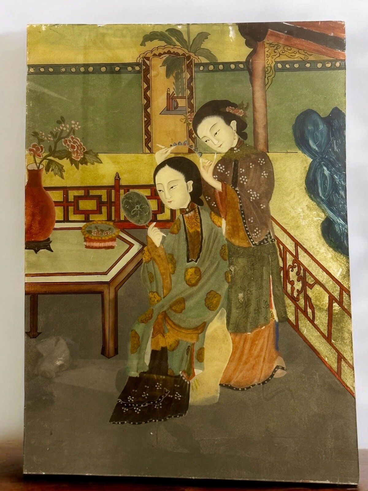 19th C Oriental Japanese Reverse Painting On Glass 51cm By 36cm photo furniture
