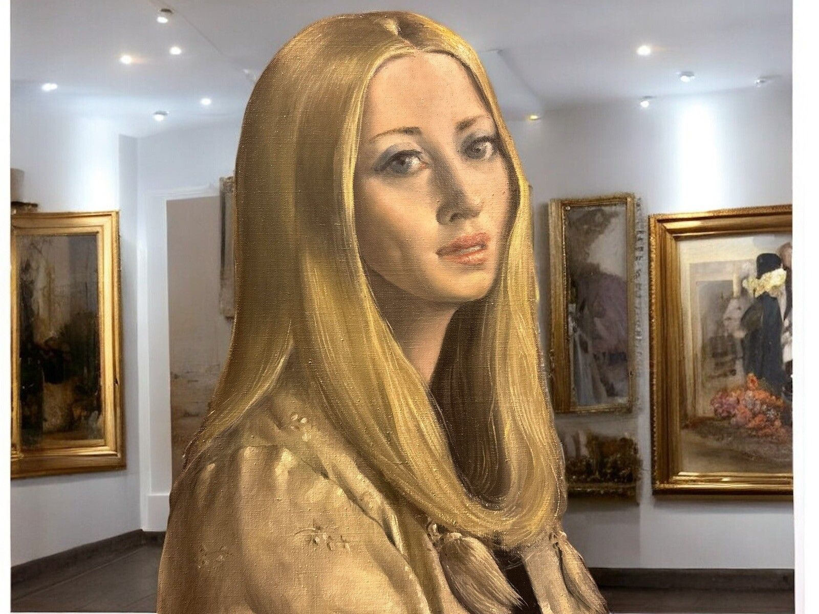 Original Oil Painting On Canvas Of A Beautiful Lady Portrait Signed 82 By 46cm photo for sale