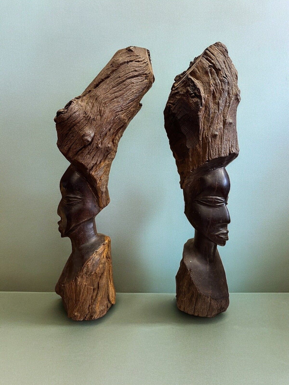 Pair Of Antique Carved Heads, African,  Tribal Art Interior Design  40cm High photo Art