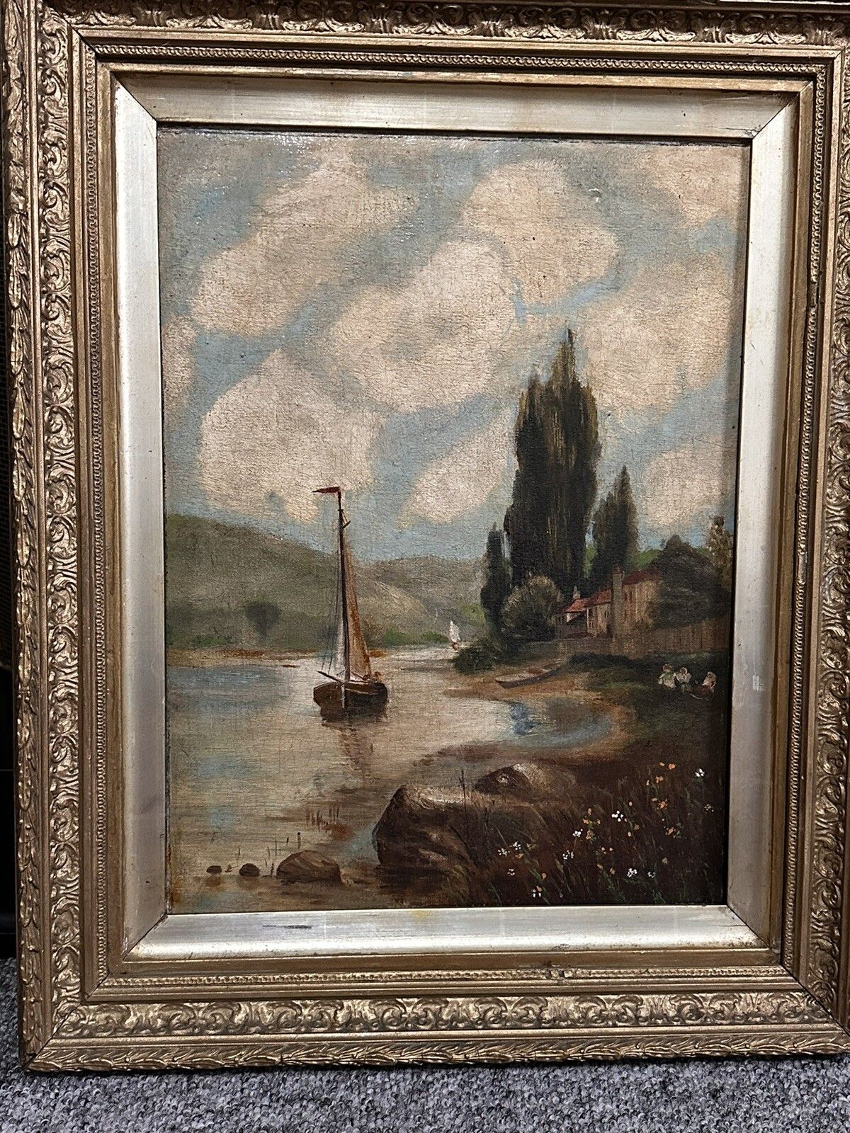 19th Century Oil Painting On Canvas Nautical Boat Landscape River Scene photo for sale