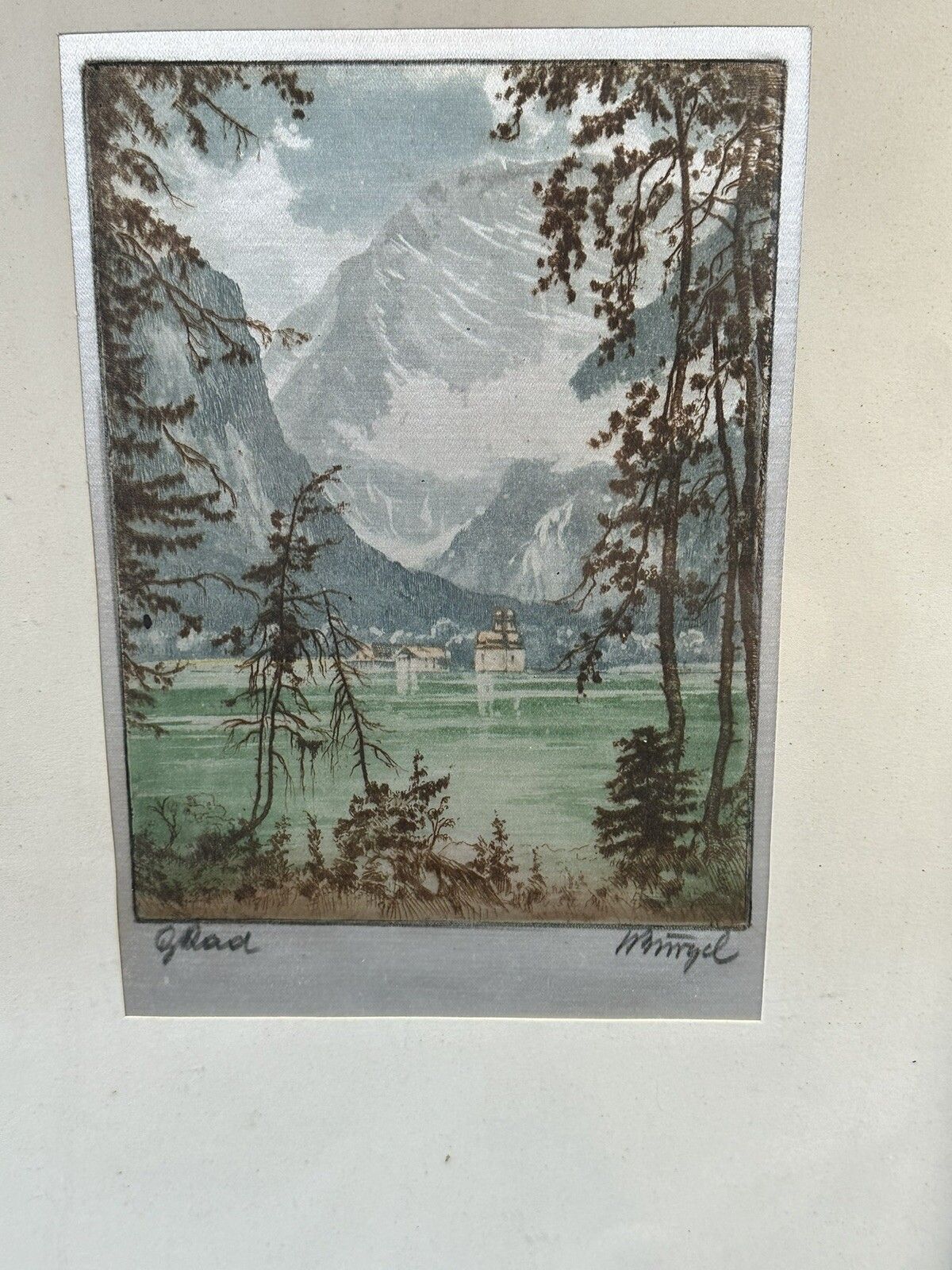 Vintage Signed Painting On Silk French Alps Scene 37cm By 27cm photo for sale
