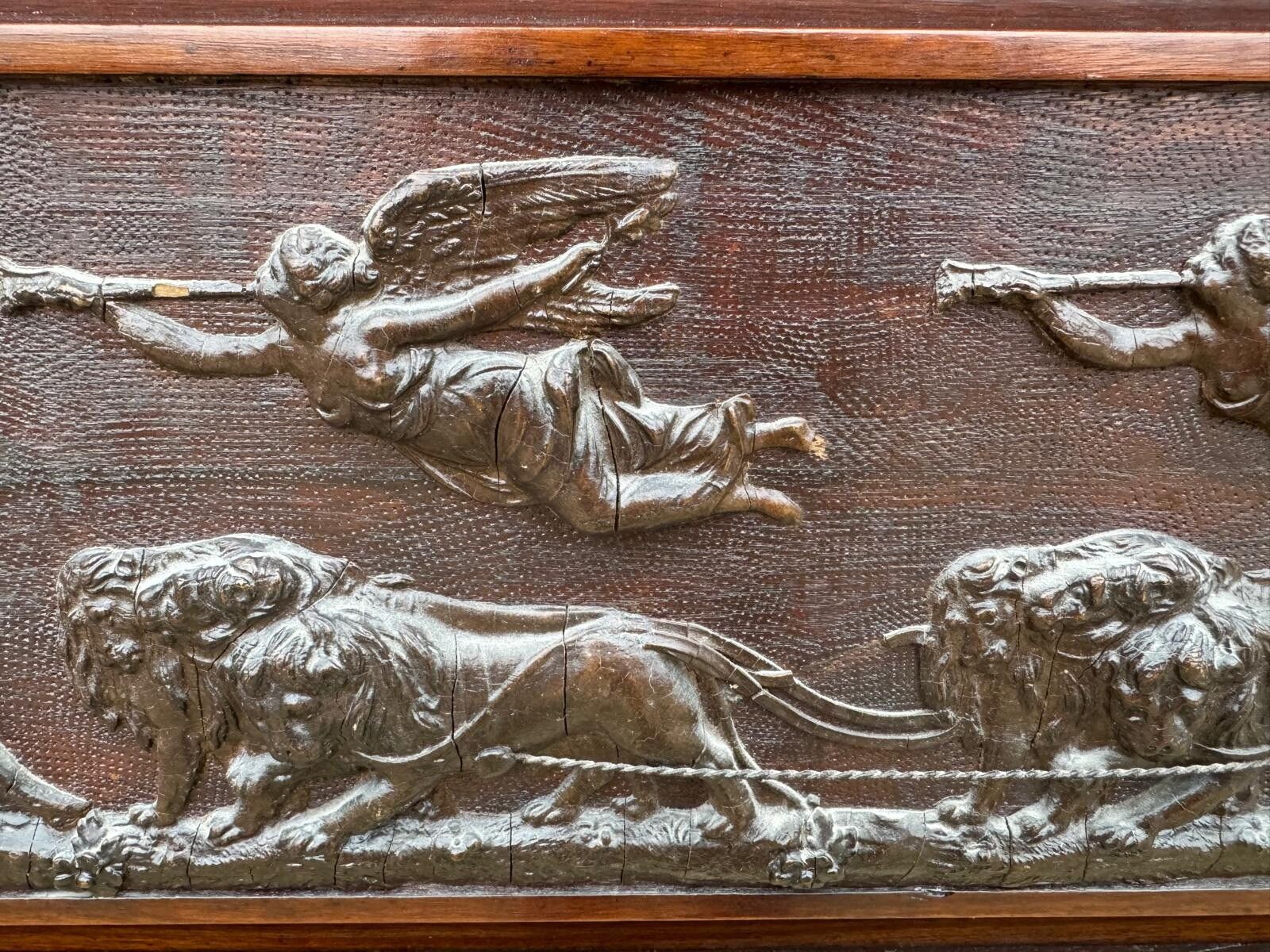 photo for sale Antique Outstanding Over Mantle Mirror Classical Chariot Frieze Putti