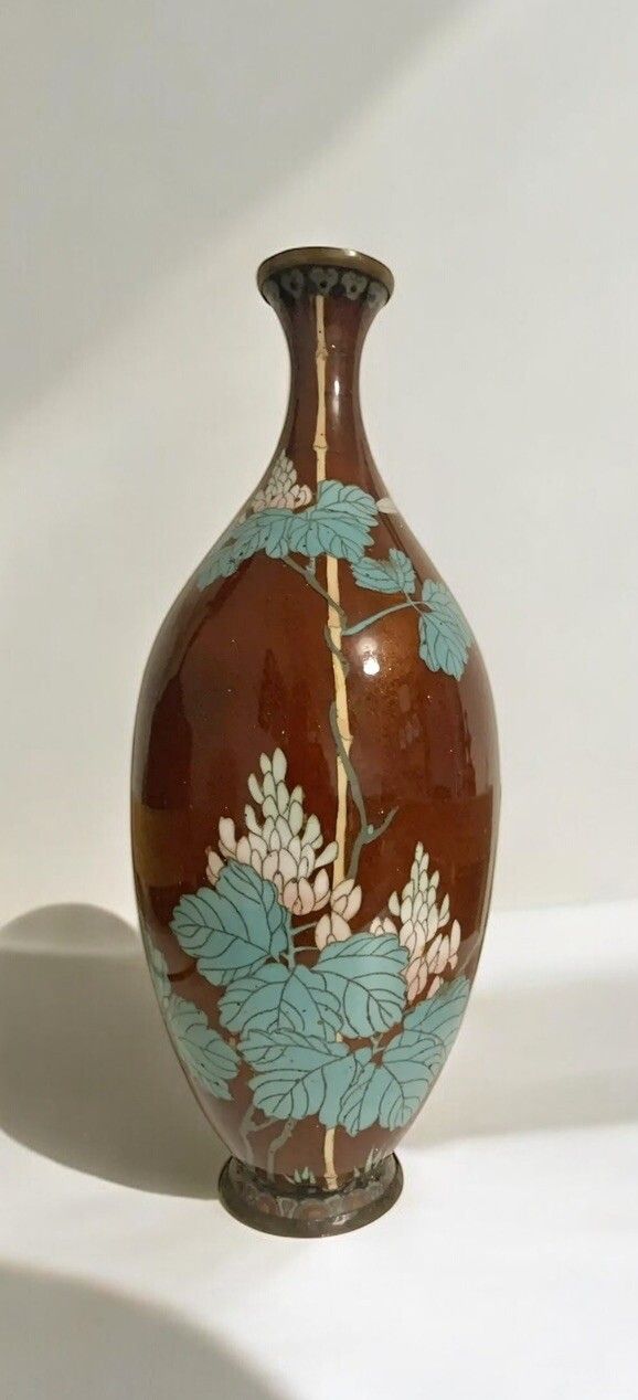 Antique Oriental Japanese Chinese Lacquered Vase Enamel Brass Hand Decorated