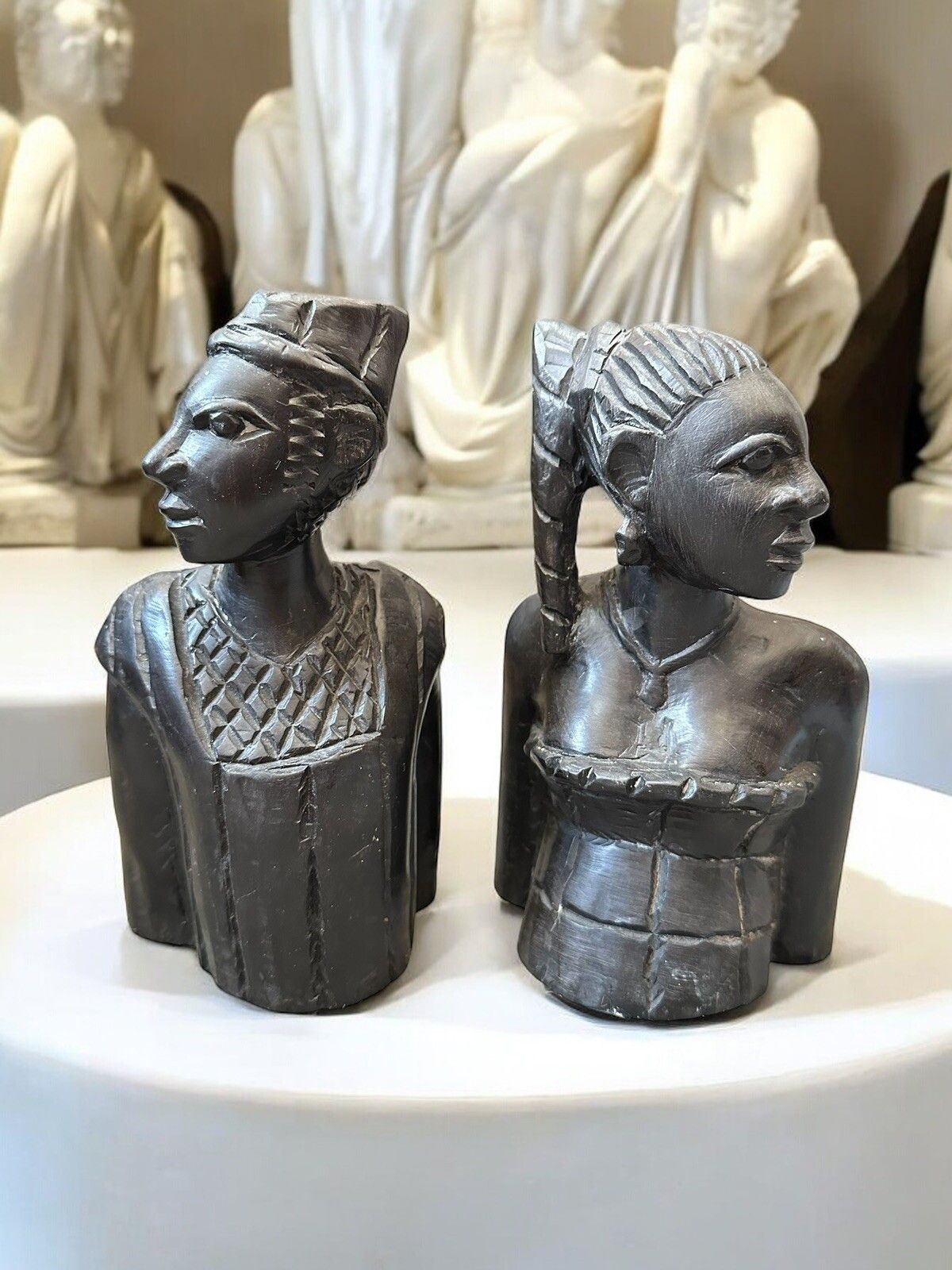 Antique Pair Of African Hand Carved Busts Bookends Fantastic Carving