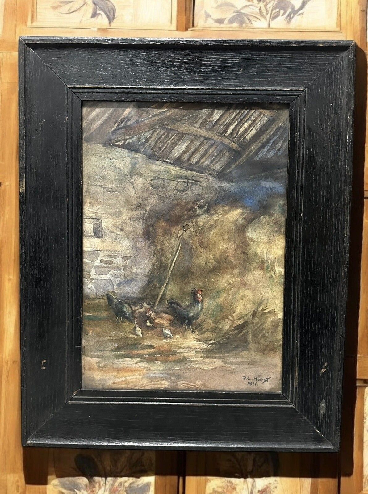 1911 English Antique Watercolour Barn With Chickens Signed By Artist