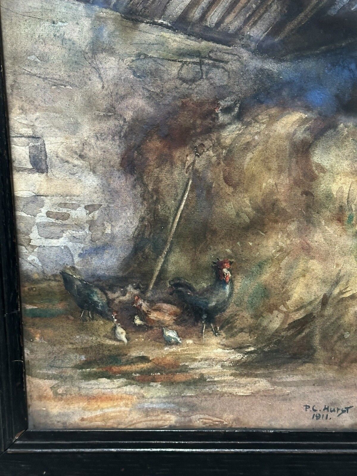 1911 English Antique Watercolour Barn With Chickens Signed By Artist photo for sale