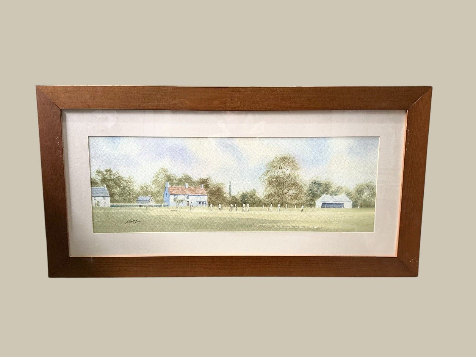 Original Signed Watercolour Nick Grant 91 Cm X 46 Cm Cricket Match Scene