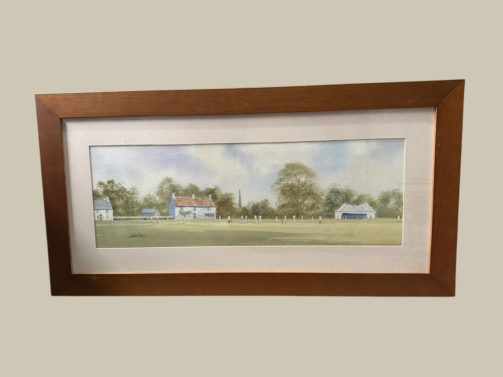 Original Signed Watercolour Nick Grant 91 Cm X 46 Cm Cricket Match Scene photo furniture