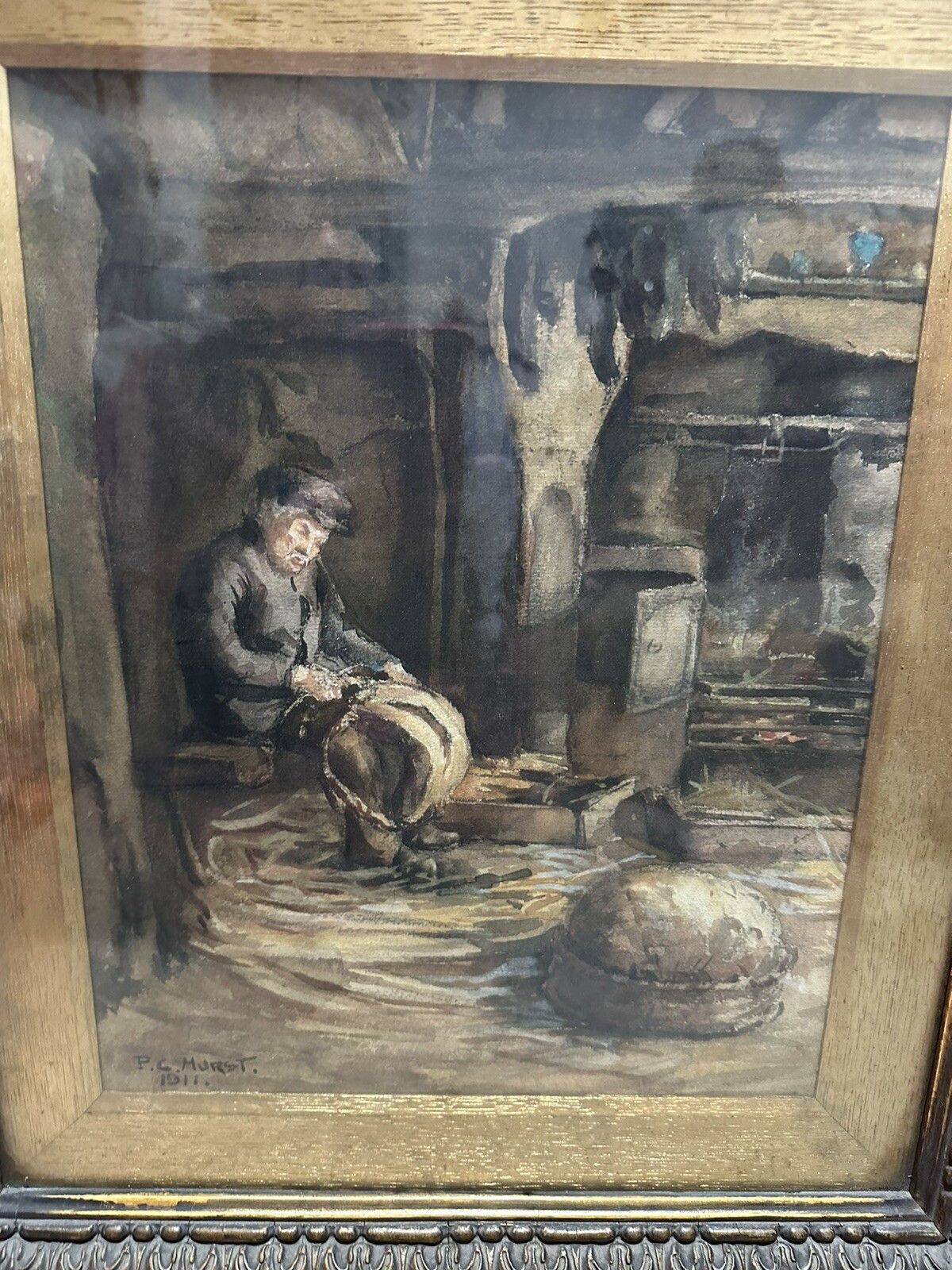Painting Signed 1911 Basket Making Scene Fabulous Original Framed And Glazed photo buy