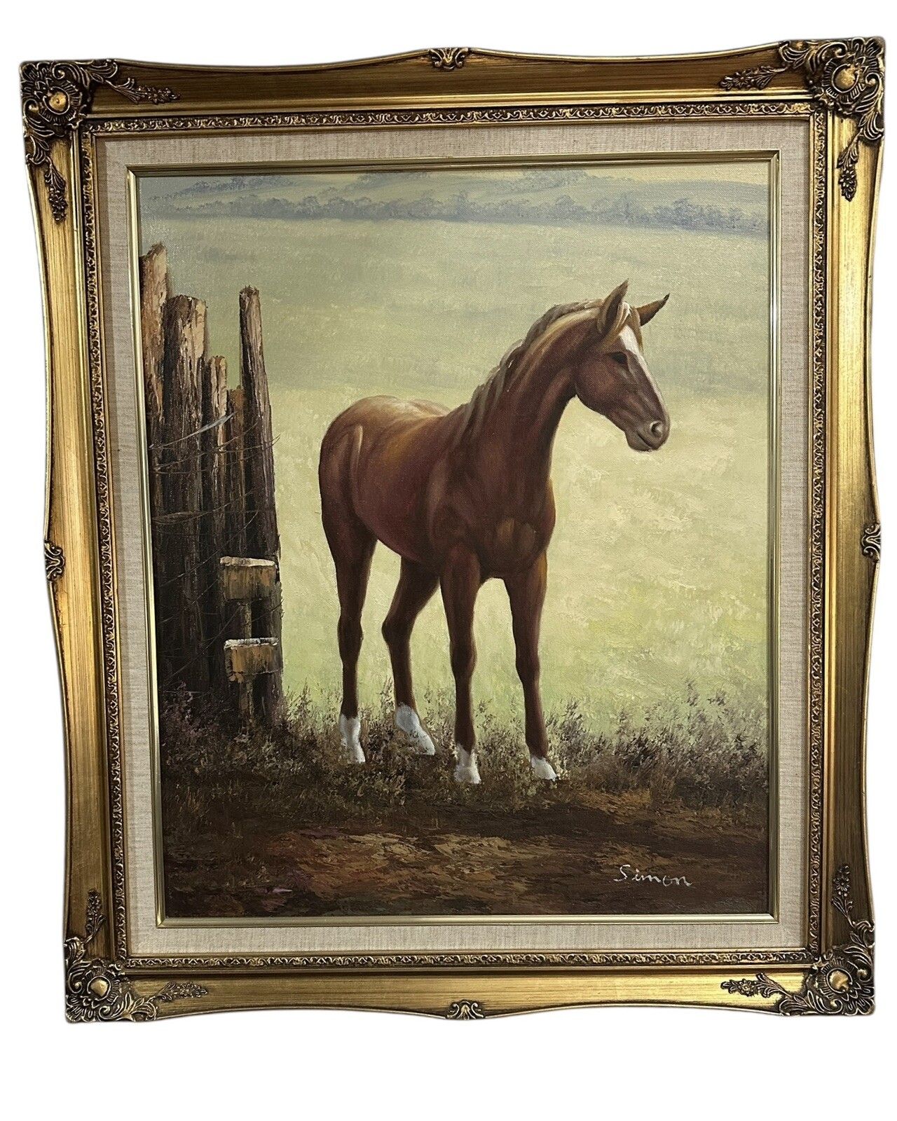 Mid Century Signed Oil On Canvas Horse Equestrian Scene 75cm By 65cm photo furniture