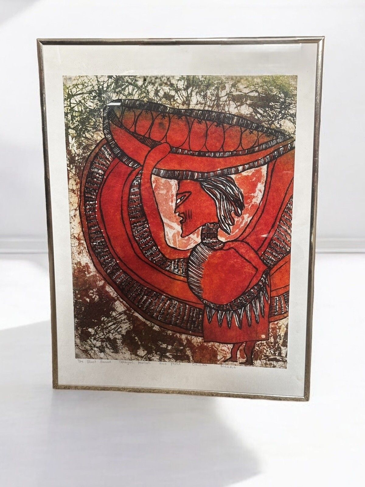 Vintage Original Nigerian Painting On Rice Paper “ The Fruit Seller” 63 By 46cm