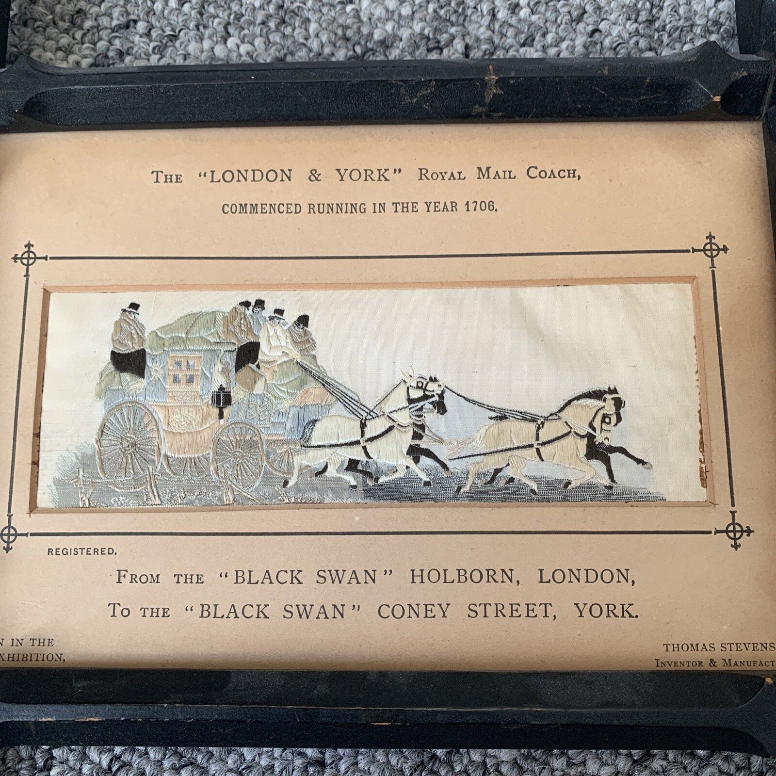 Antique Stevengraph Woven Silk Picture Stevens Royal Mail Coach York Exhibition photo furniture