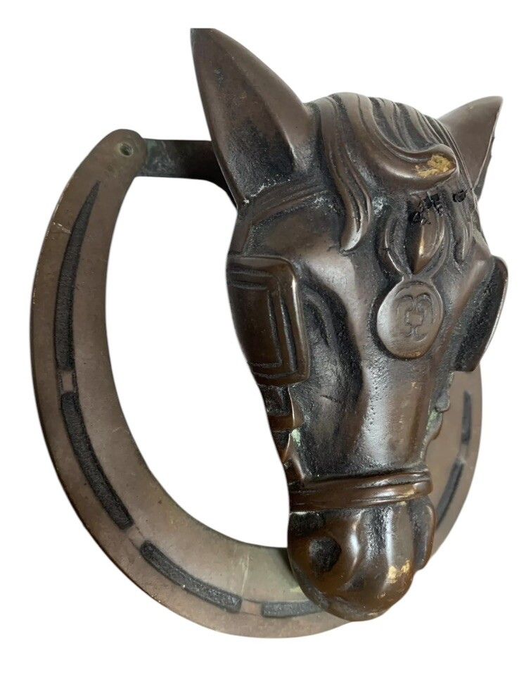 Antique Brass Bronze Large Horse Equeatrian Horse Shoe Door Knocker photo 75.0