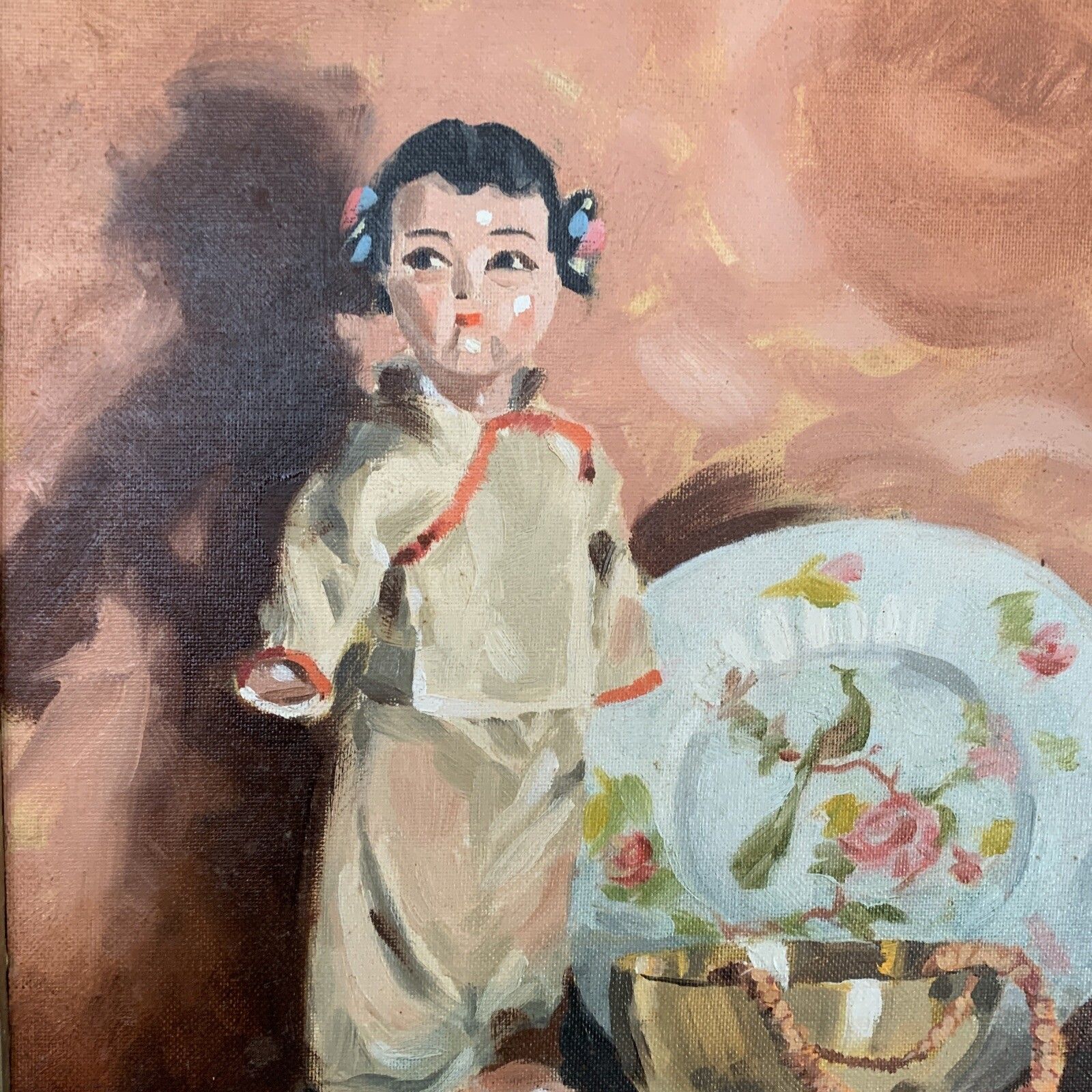 Vintage Mid Century Beautiful Oriental Themed Painting Signed photo for sale