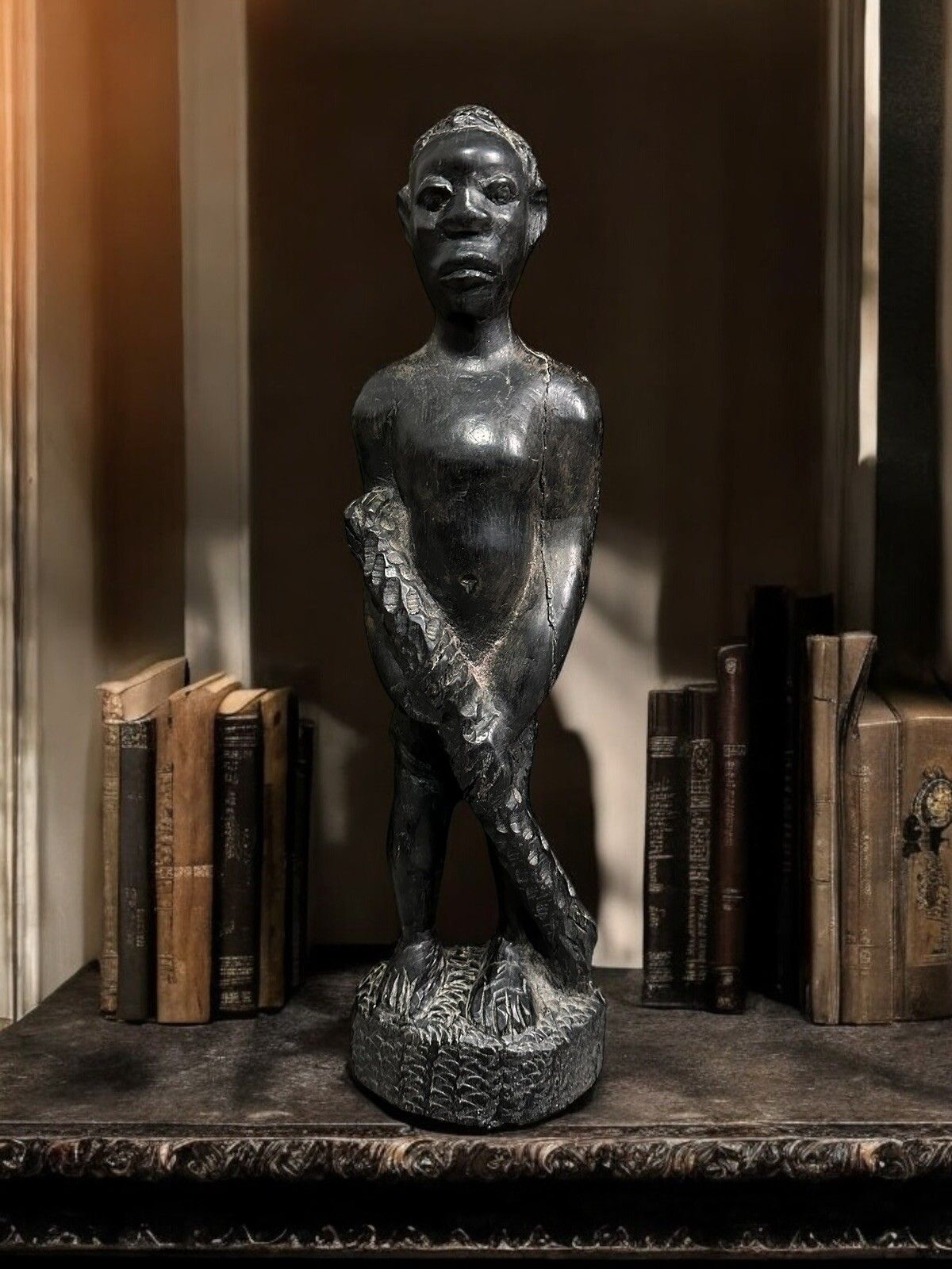 Antique Old Wooden Hand Carved Black African Tribal Man Figure Sculpture