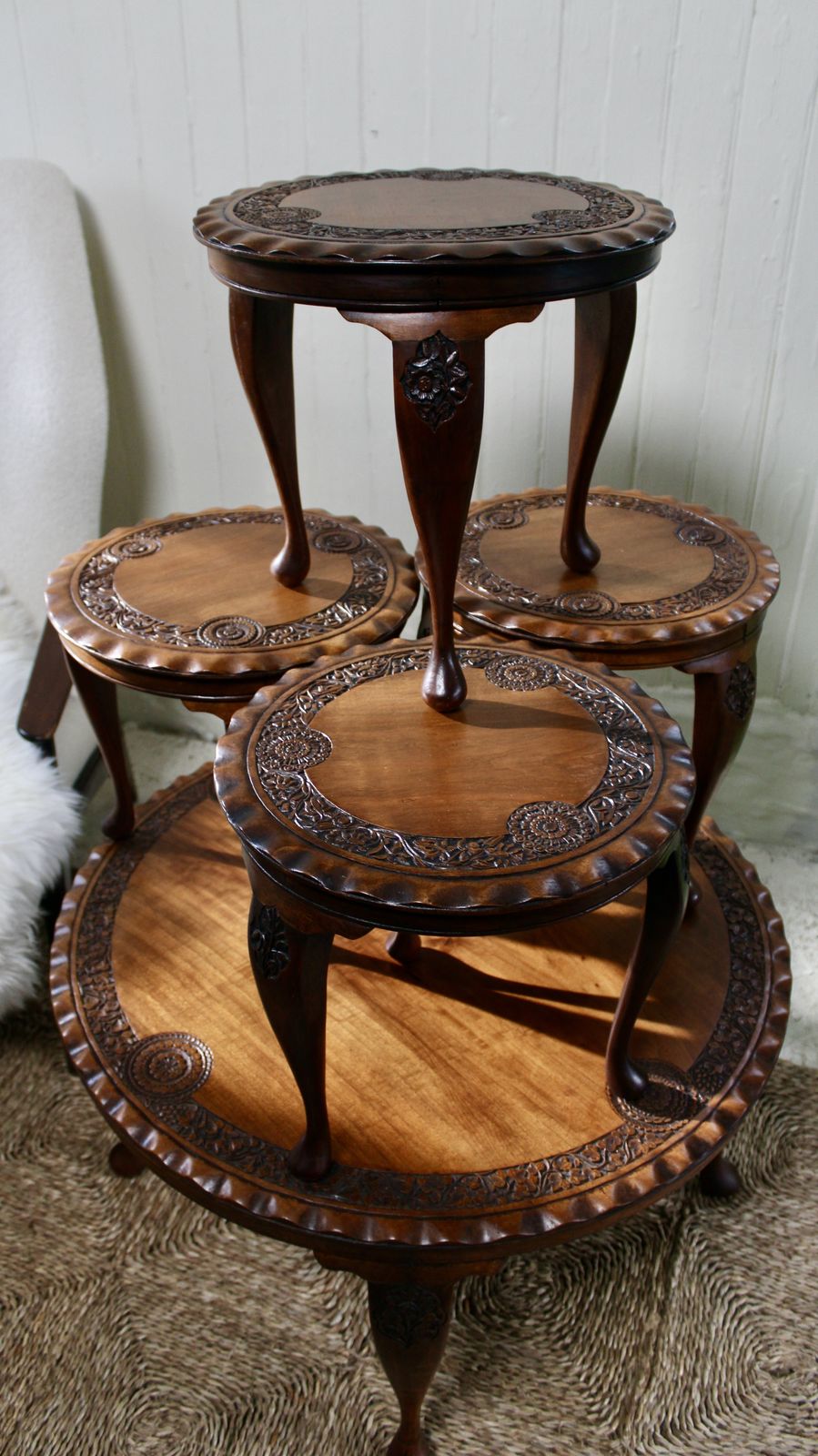 A 1930's Anglo Indian Circular Teak Carved Coffee Table With A Nest Of 4 Smaller Side Tables photo 549.0