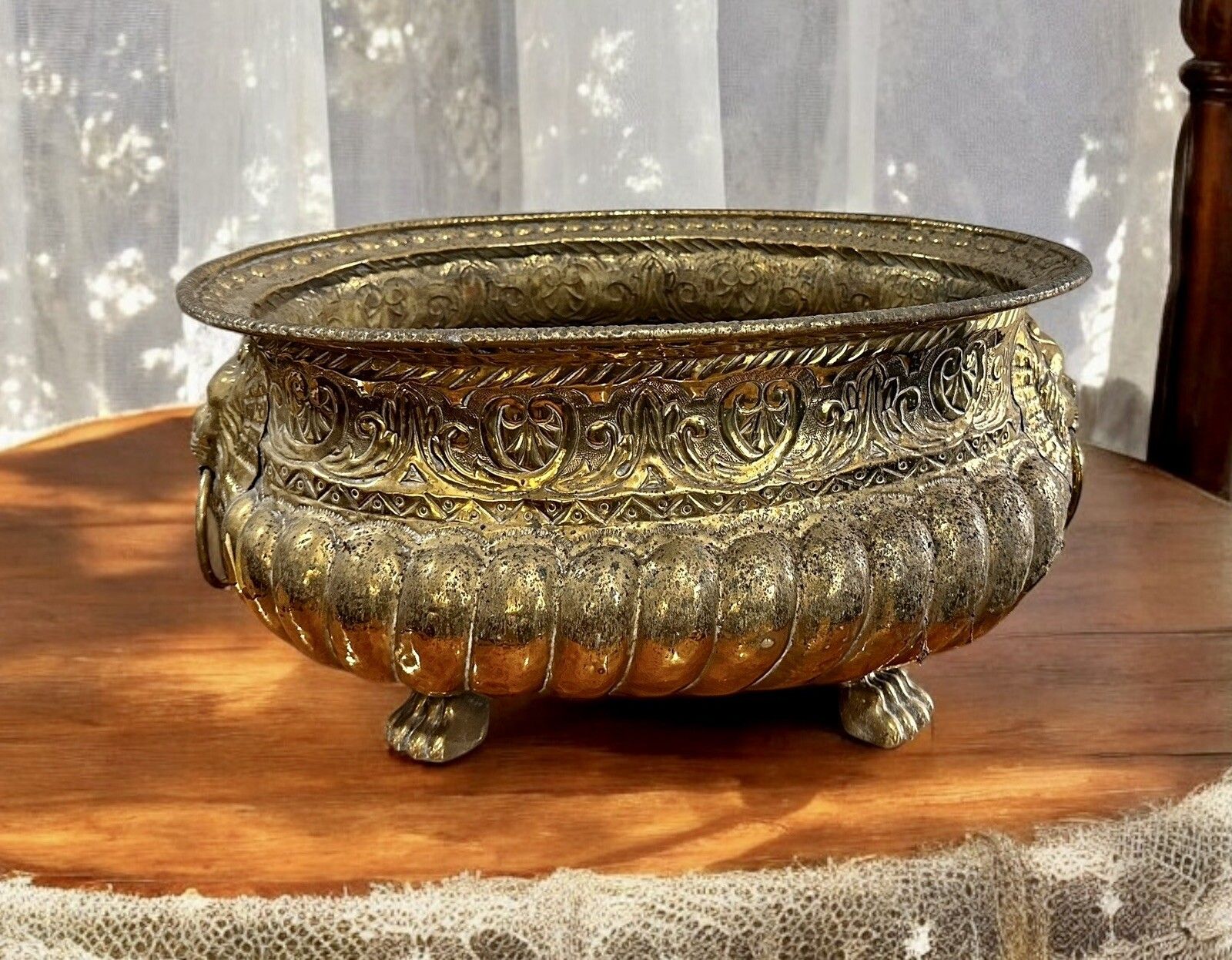 19th Century French Brass Lobed Jardiniere With Lion Mascarons And Paw Feet photo furniture