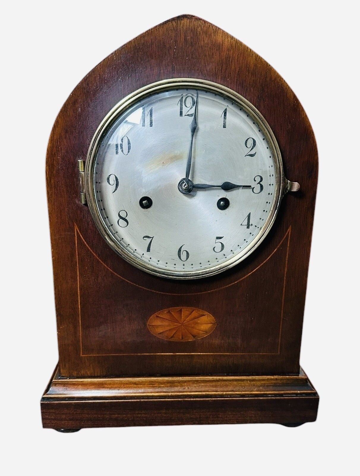 Edwardian Inlaid Mahogany Lancet Top Mantel Clock photo for sale