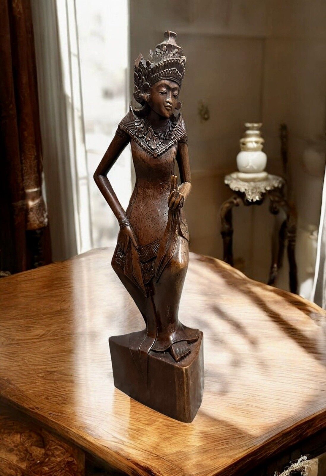 Antique Hand Carved Wooden Goddess Statue, Balinese Art Fine Detail 12” High