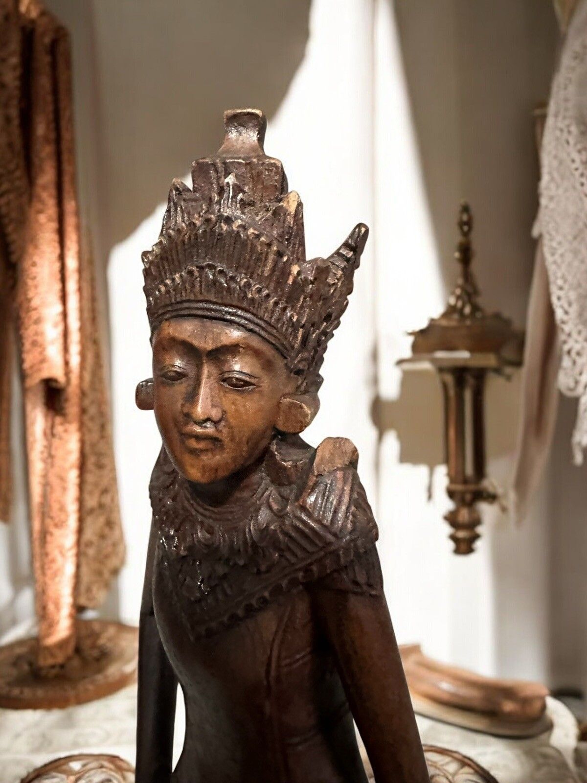 Antique Hand Carved Wooden Goddess Statue, Balinese Art Fine Detail 12” High photo vintage