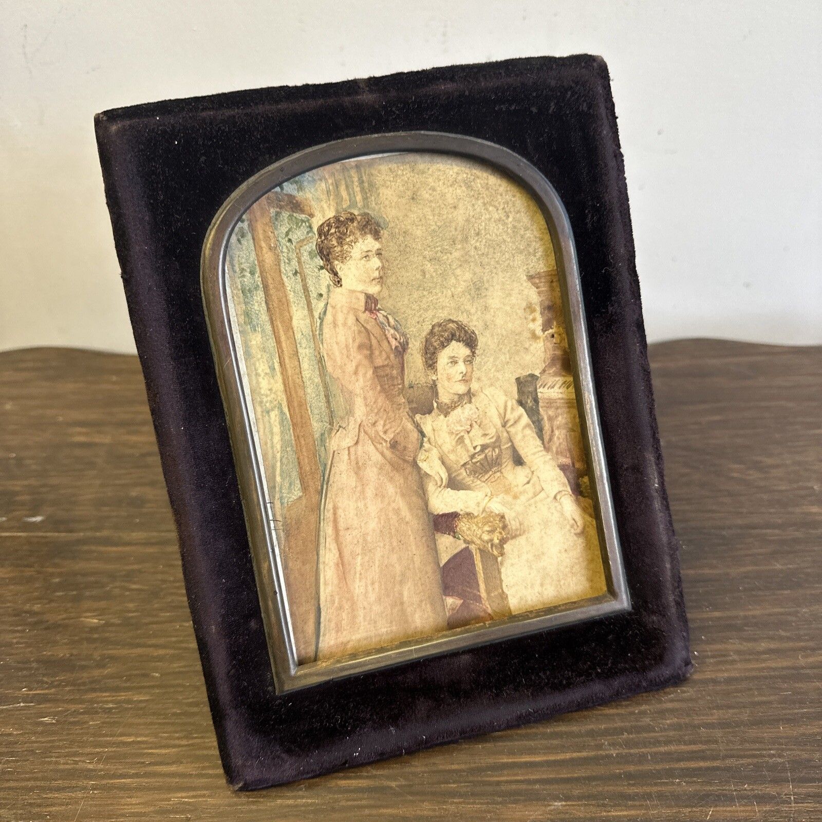Antique Victorian Velvet Framed Hand, Painted Portrait