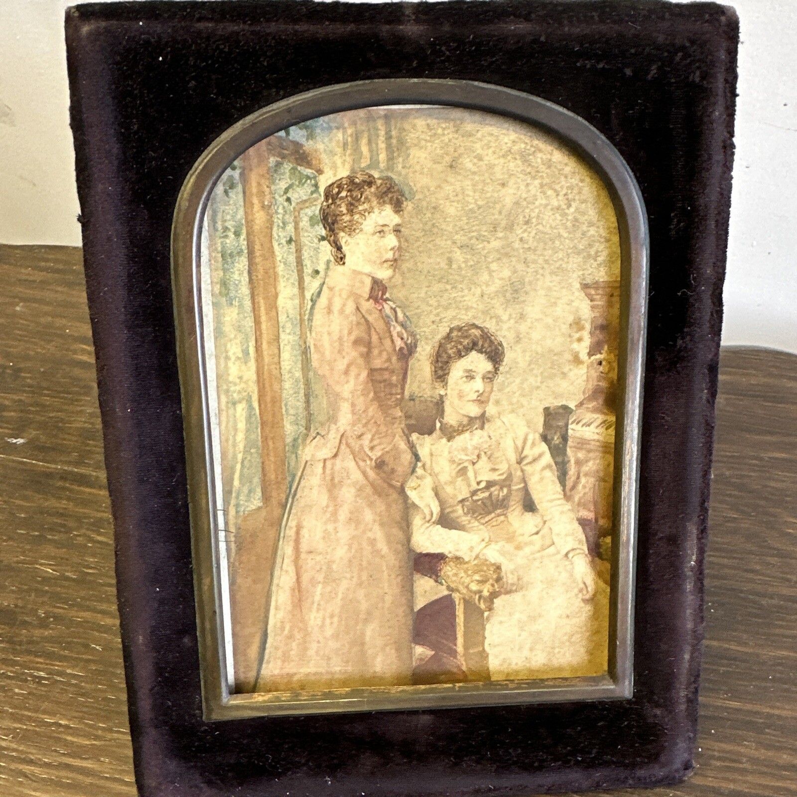Antique Victorian Velvet Framed Hand, Painted Portrait photo furniture