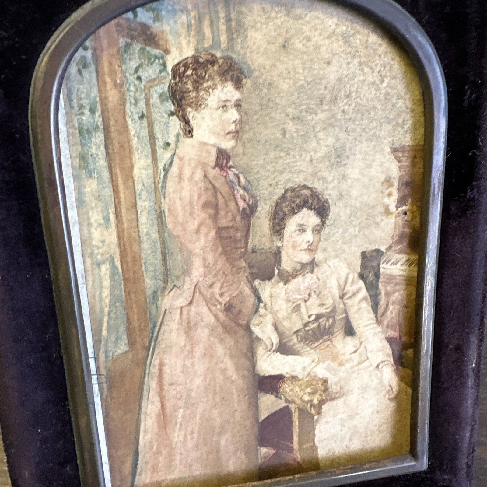 Antique Victorian Velvet Framed Hand, Painted Portrait photo vinterior