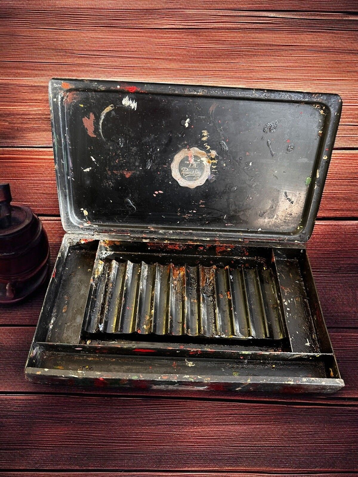 Antique Metal Japanned Reeves And Sons London Paint Box  With Pallet photo for sale