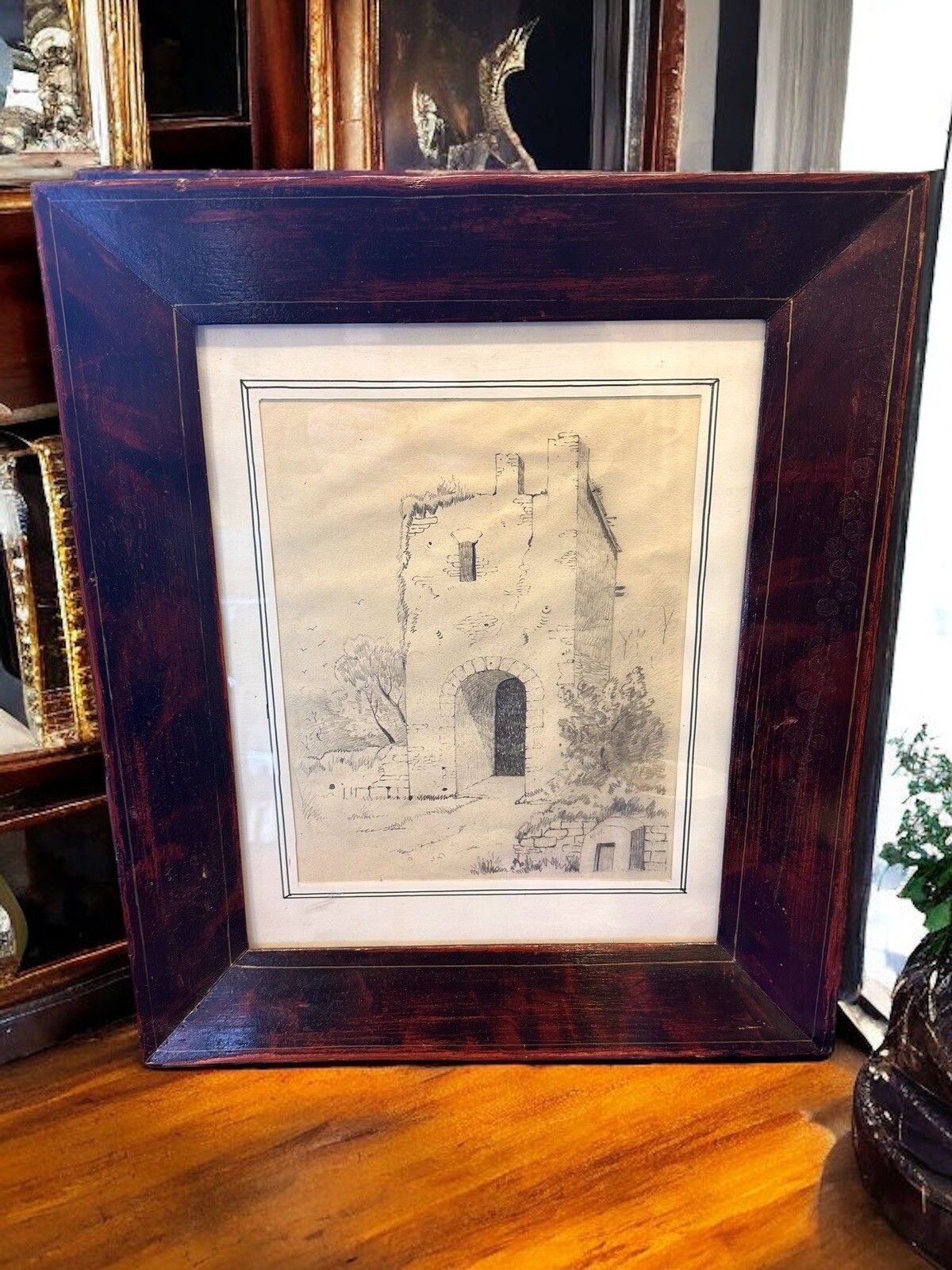 Antique 19th C Sketch Drawing Norman Ruins Sicily  Framed And Glazed photo furniture