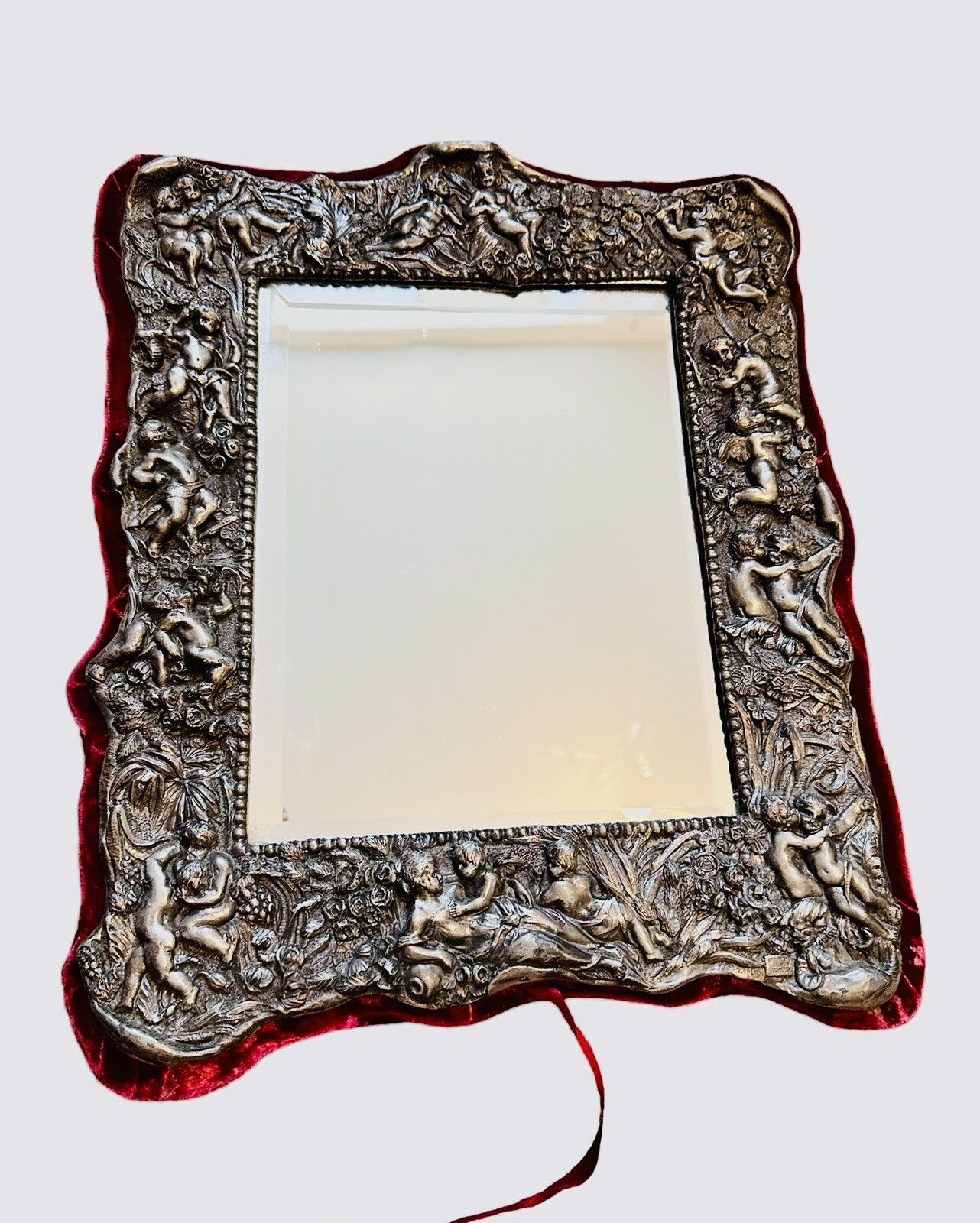 Cherub Mirror, English, Sterling Silver Coated 20th Century, Circa 1950 40x32cm photo for sale