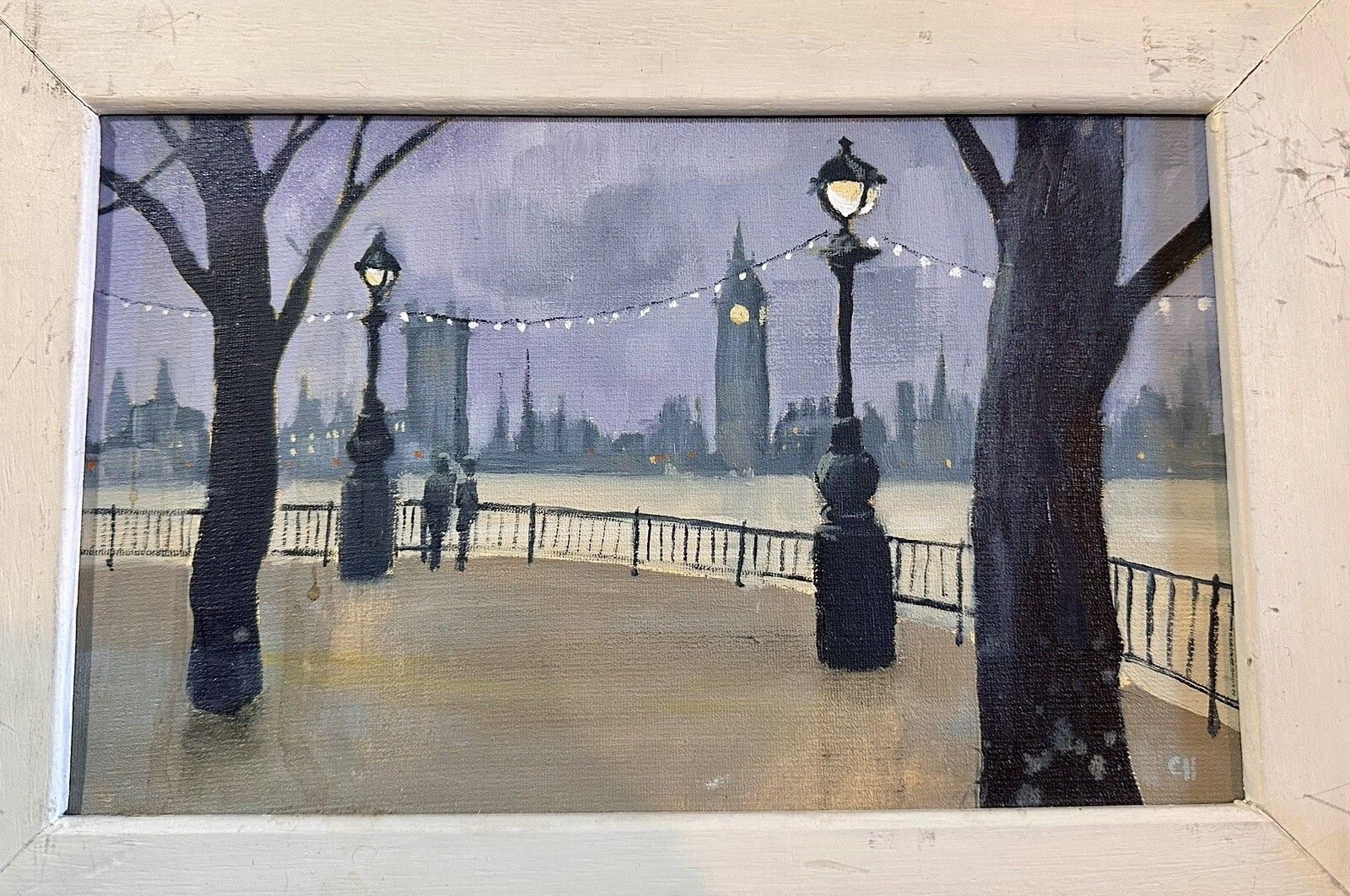 Christine Hopkins Sgfa Original Signed Oil Painting Westminster Dusk Thames photo for sale