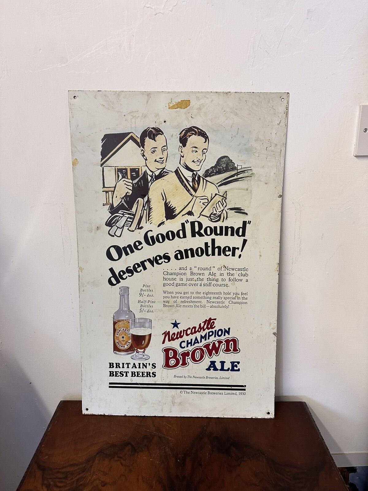 Rare Vintage Newcastle Brown Ale Beer Bar Advertising Metal Wall Sign 24" X 15"