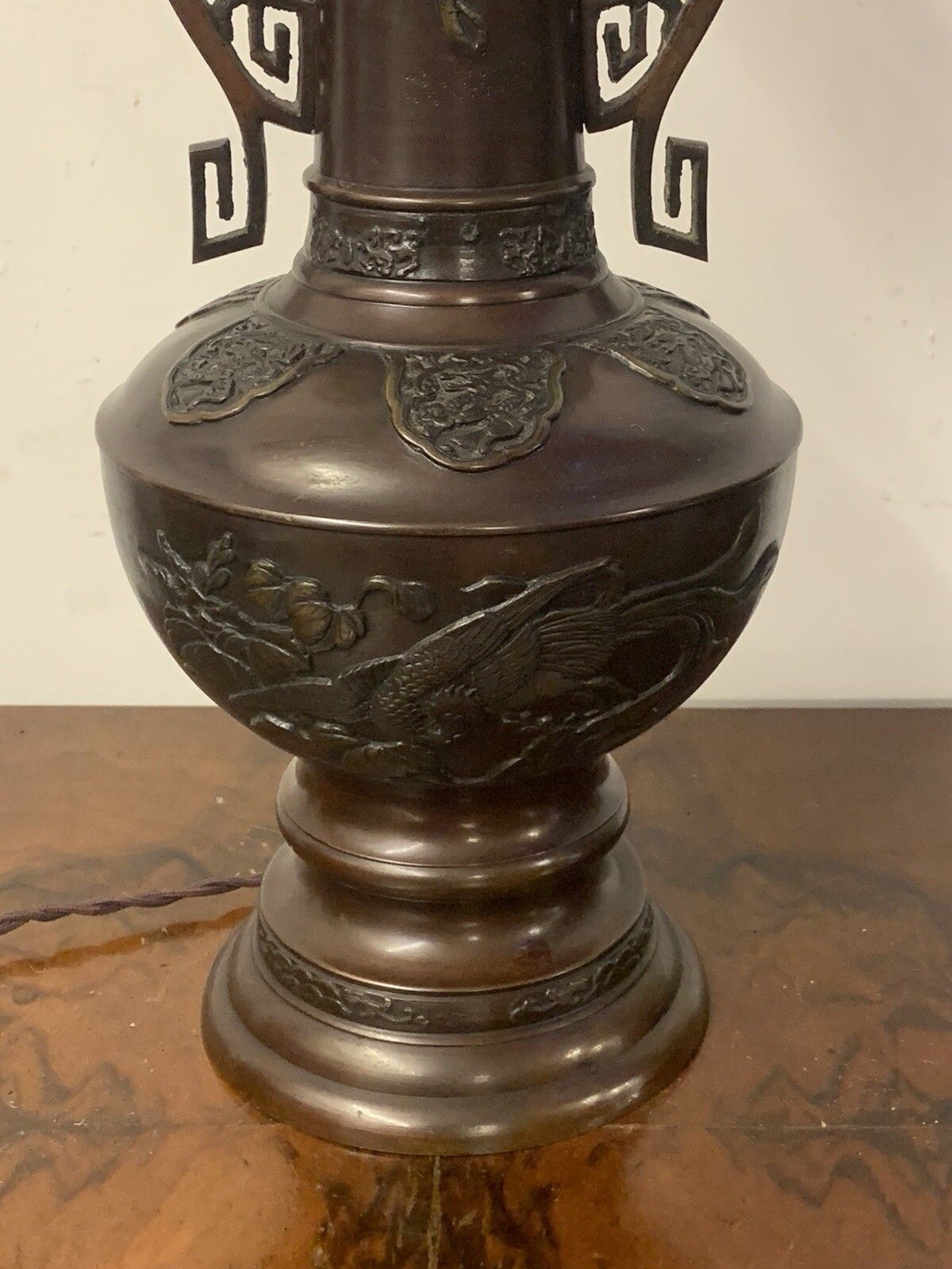 Antique Large Oriental Bronze Urn Shape Vase Table Lamp And 53cm High photo for sale