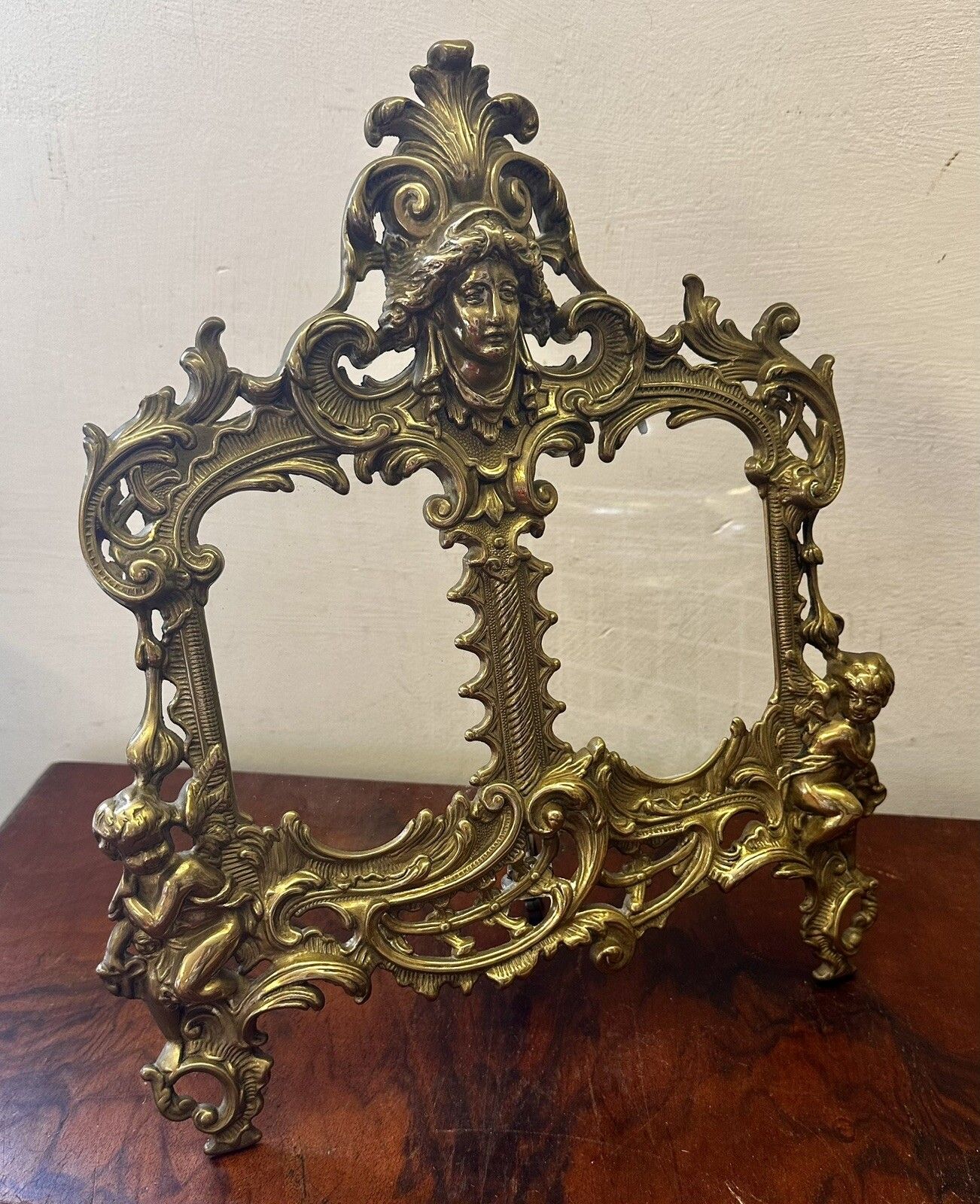 Superb Brass Cherub Putti Medusa Twin Rococo Easel Glazed Photo Frame