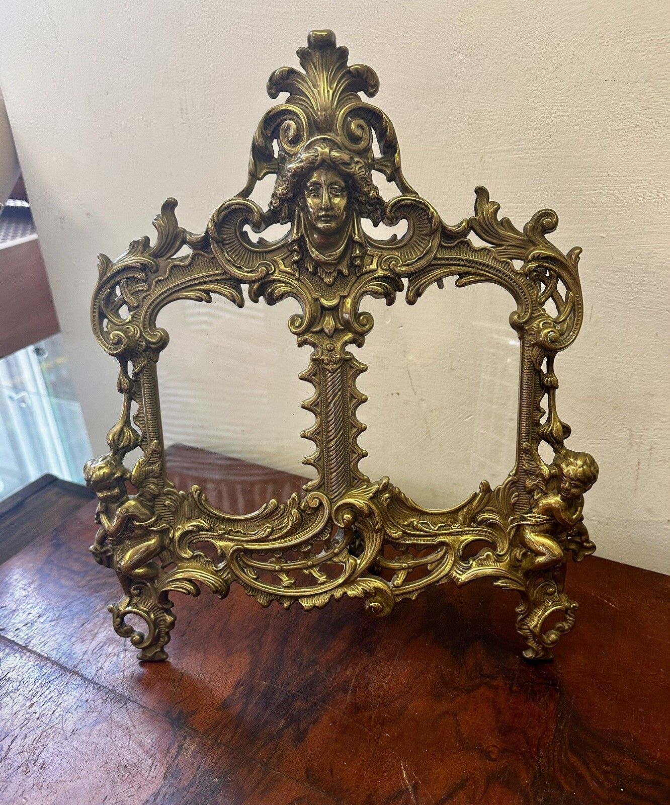 Superb Brass Cherub Putti Medusa Twin Rococo Easel Glazed Photo Frame photo furniture