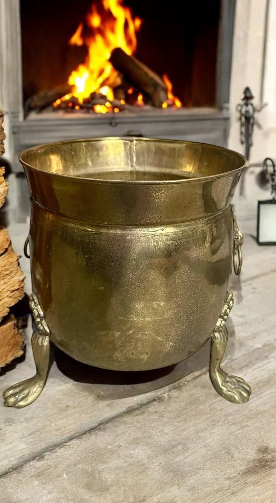 Antique Brass Claw Footed Kindling Bucket Or Planter Lion Handles