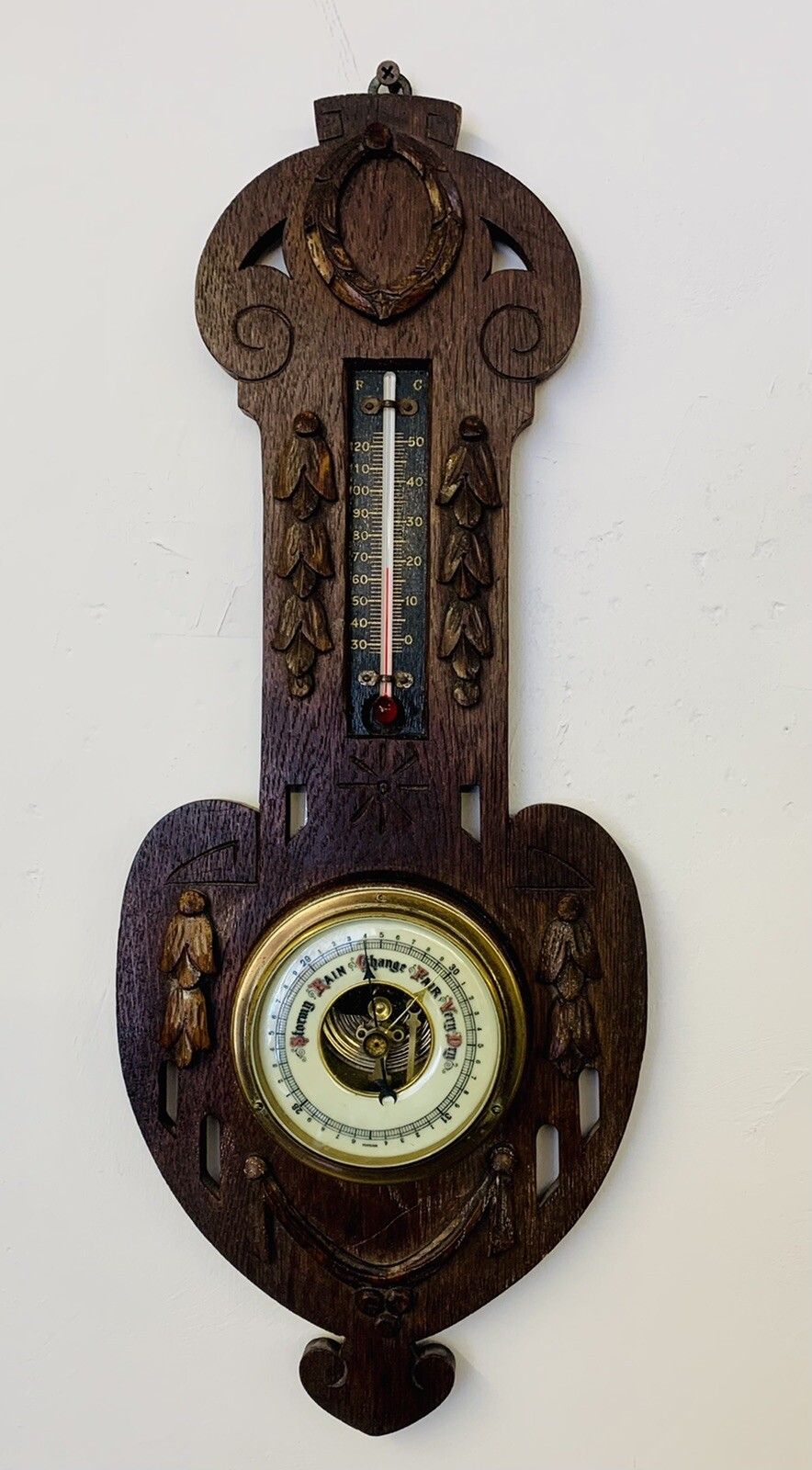 Gorgeous Antique Carved Oak Wall Barometer Victorian photo furniture