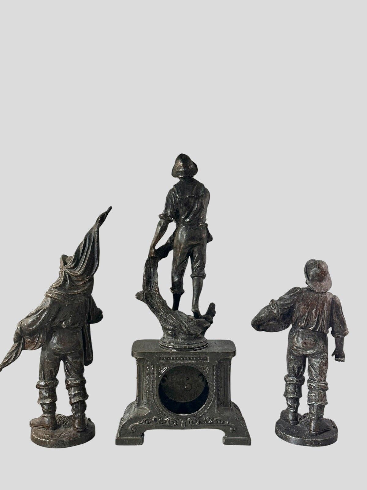 French Art Deco Spelter Fisherman Figural Clock With Jaeger Movement photo buy