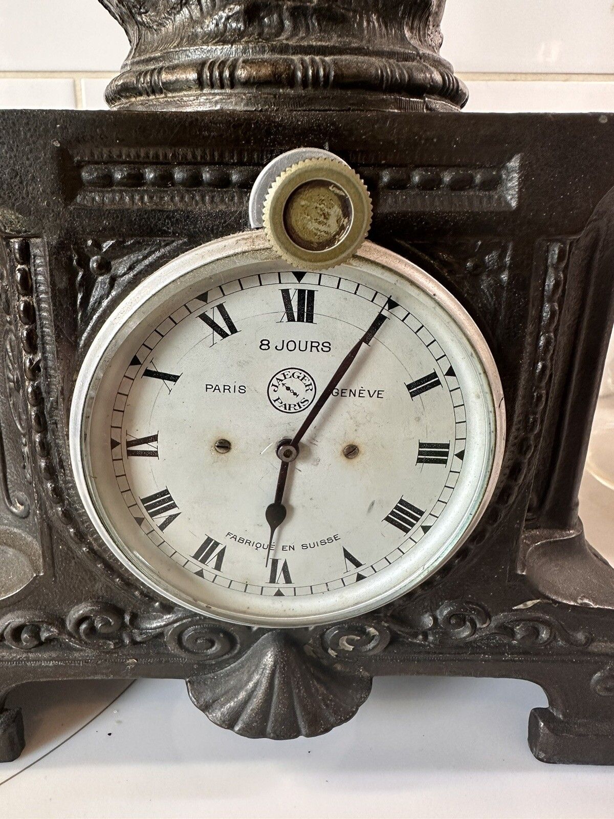 French Art Deco Spelter Fisherman Figural Clock With Jaeger Movement photo vintage