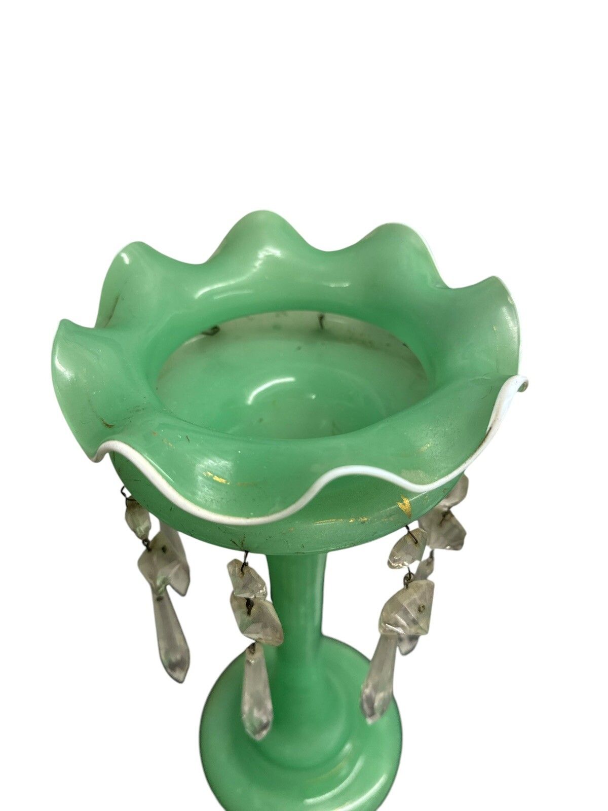 Victorian Green Lustre Vase , C.1870. With Crystal Dangles photo 85.0
