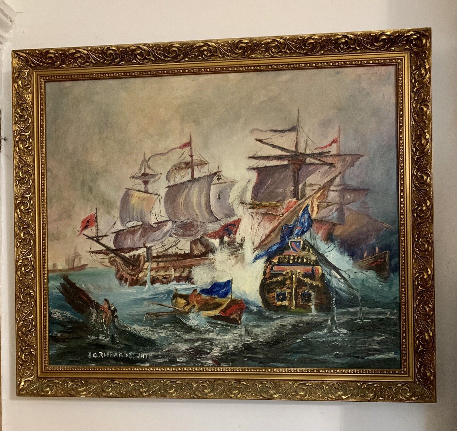 Original Mid Century Oil On Canvas Nautical Maritime Painting Signed 69cm X 59