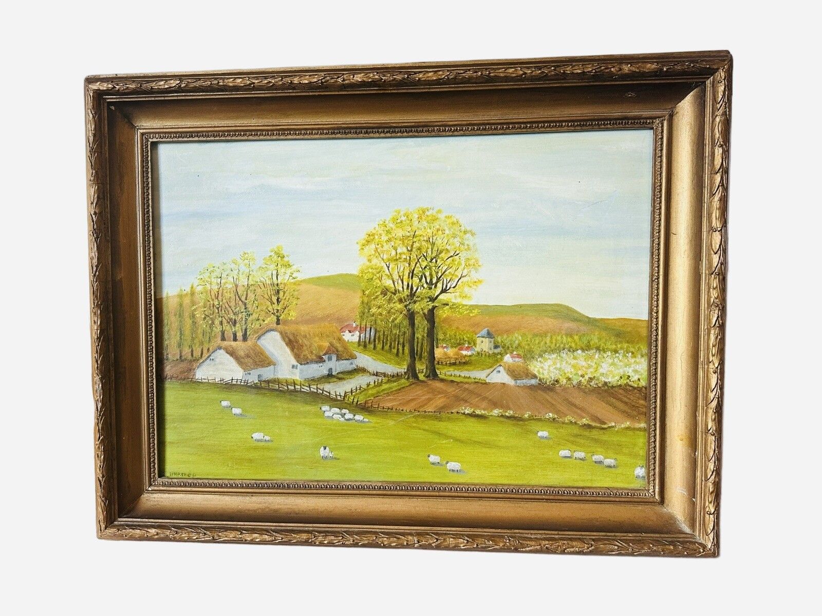 Mid Century Oil Painting Sheep, Farm Countryside Landscape Scene 68x54cm