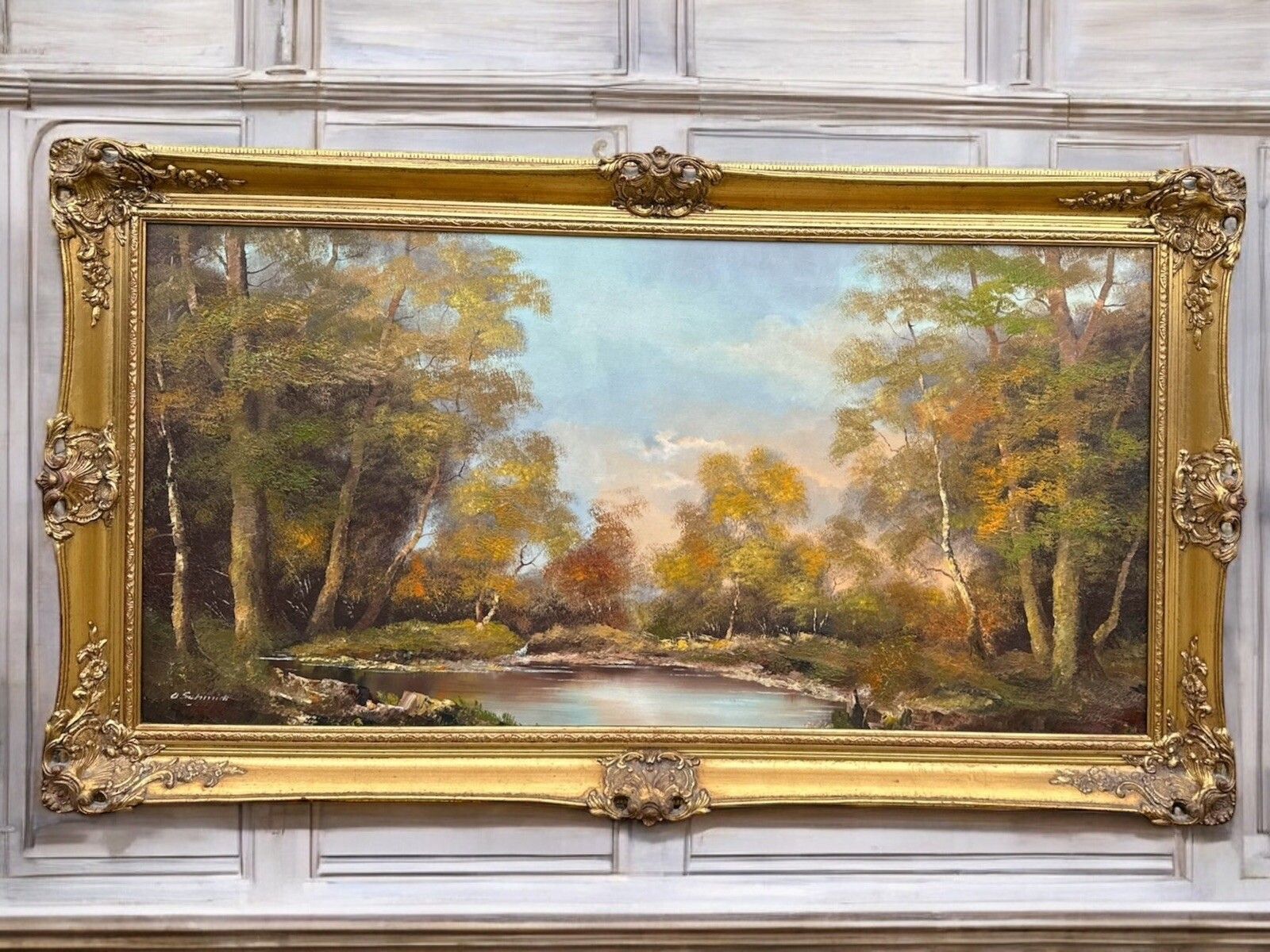Signed O. Schmidt River Landscape  Oil On Canvas  Large 115.5 Cm 65 Cm.